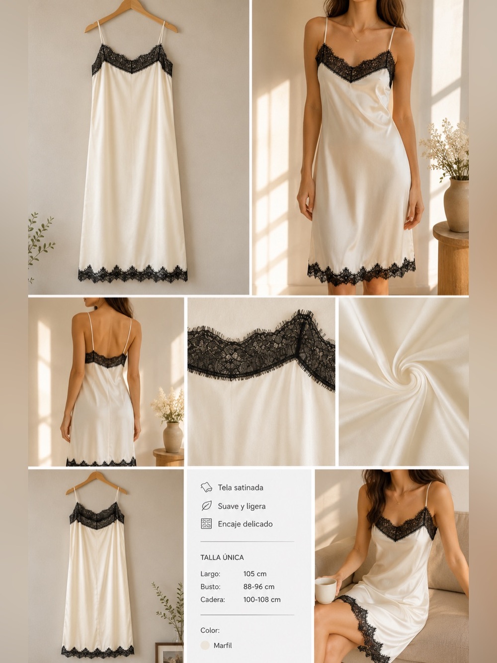 Massimo Dutti Cream Satin Slip with Black Lace Trim